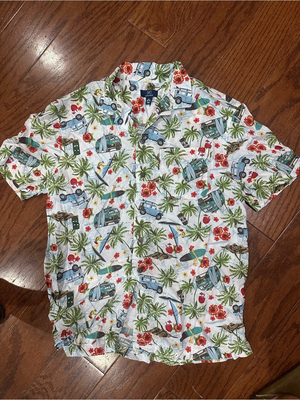 George White Hawaiian Shirt with Blue Vans & Green Palm Print